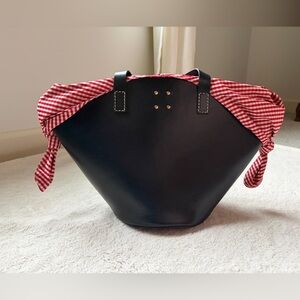 Trademark Large Leather Market Basket Navy Tote with Red Gingham Accents